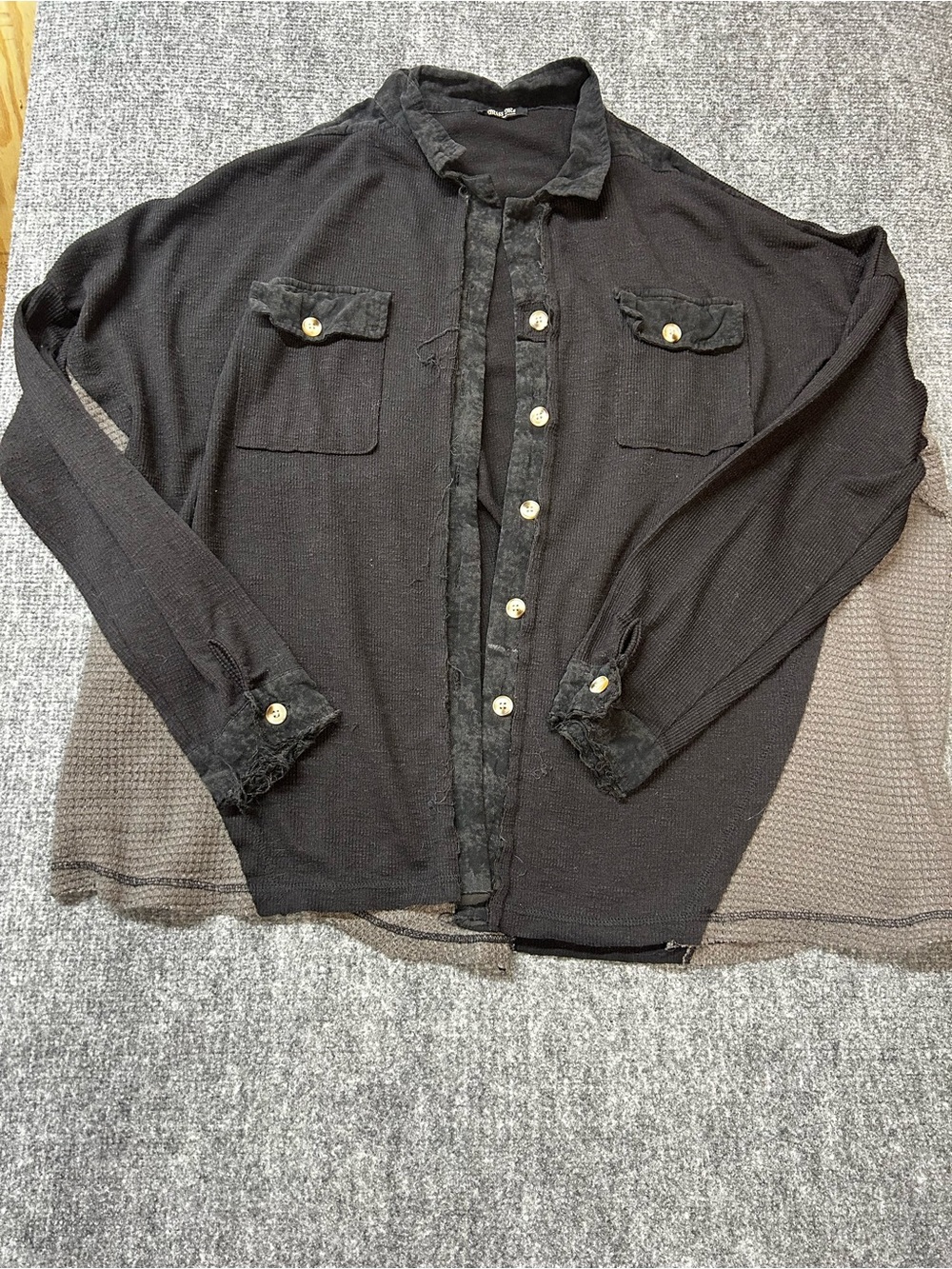 Miss Me button up long sleeve shirt, large, black with grey waffle sides.